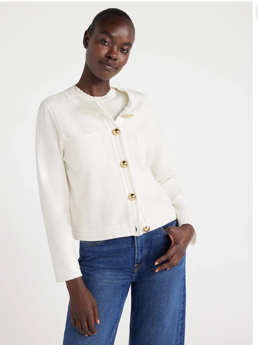 Free Assembly Cream Knit Lady Jacket Cardigan with Gold Buttons